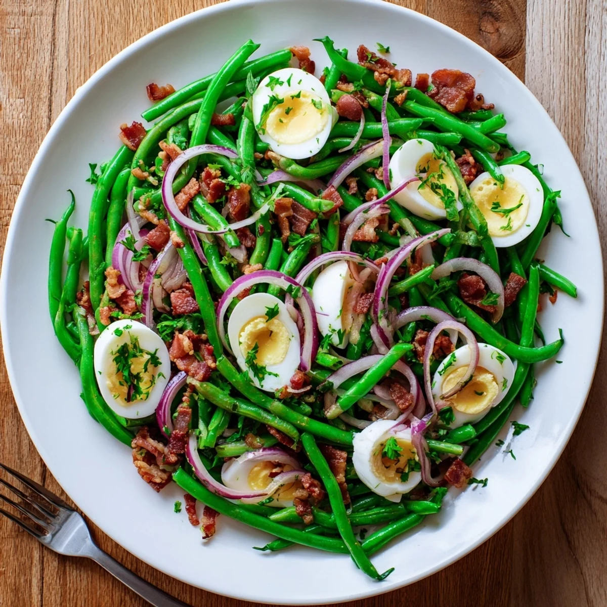 Plattered Green Bean, Bacon, and Egg Salad pairs perfectly with a chilled Sauvignon Blanc on a sunny American lunch table, garnished with fresh parsley.