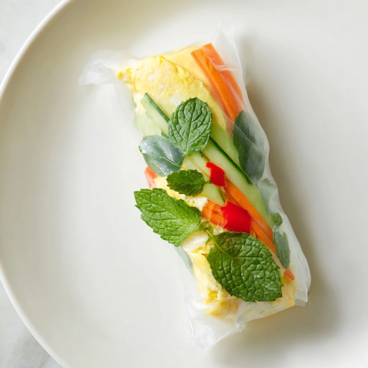 A close-up of Omelette Spring Rolls cut in half, revealing fluffy egg and crisp vegetables wrapped in delicate rice paper.  