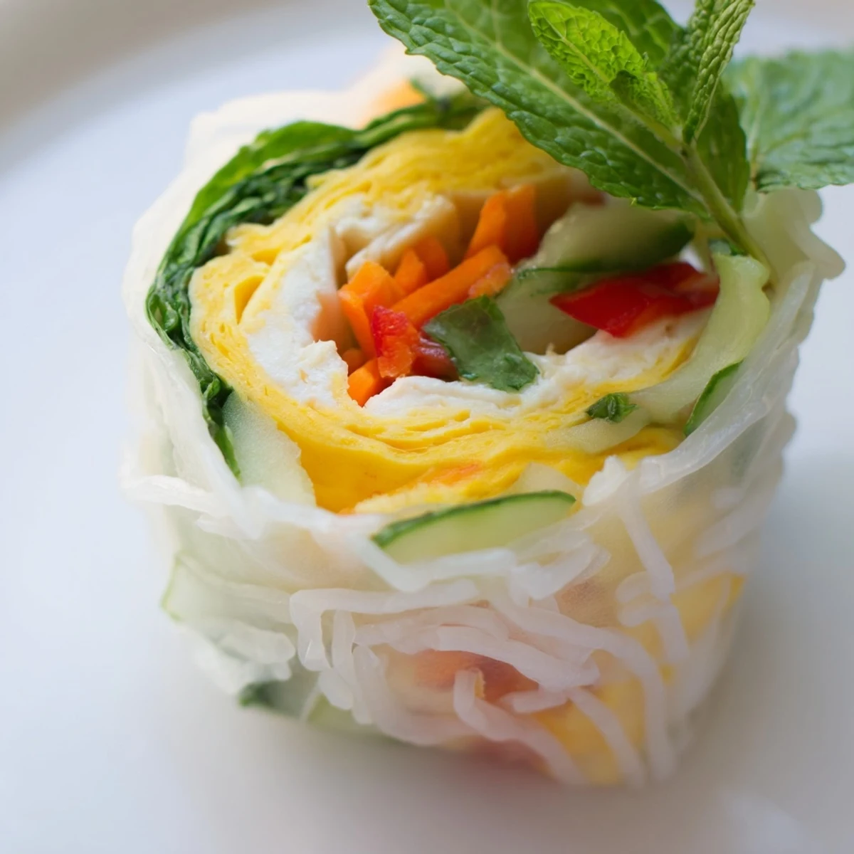 Stacked Omelette Spring Rolls show the colorful layers of egg, carrot, cucumber, and bell pepper inside translucent rice paper.