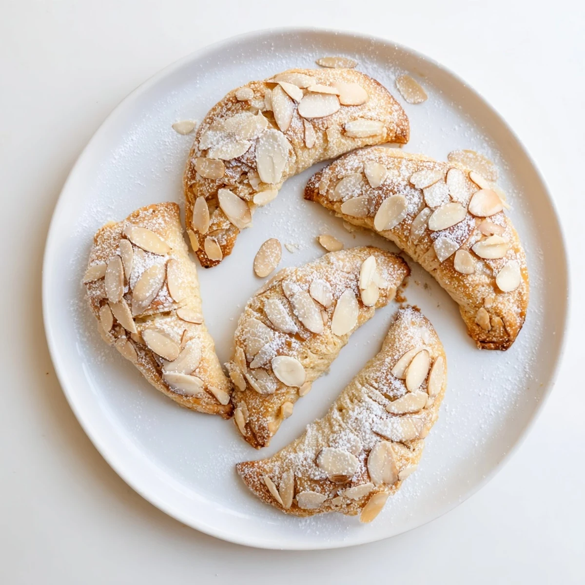 A close-up of golden Almond Croissant Cookies on a wooden board, dusted with powdered sugar and topped with sliced almonds.
