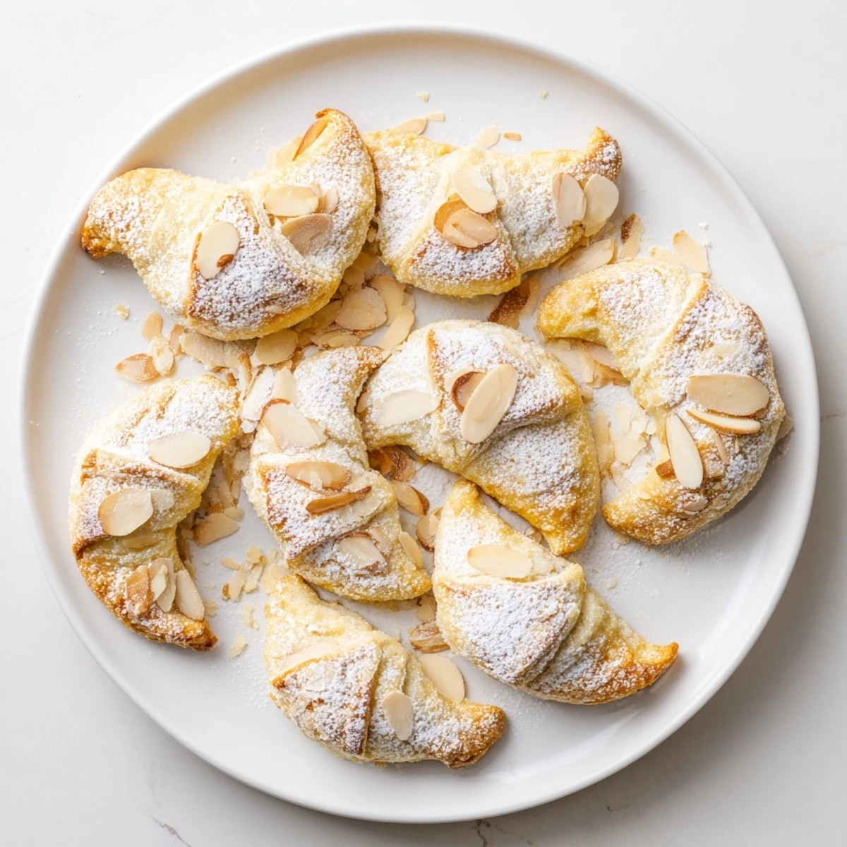 These Almond Croissant Cookies rest on a wire rack with a cup of coffee, showcasing their buttery, crescent shape.