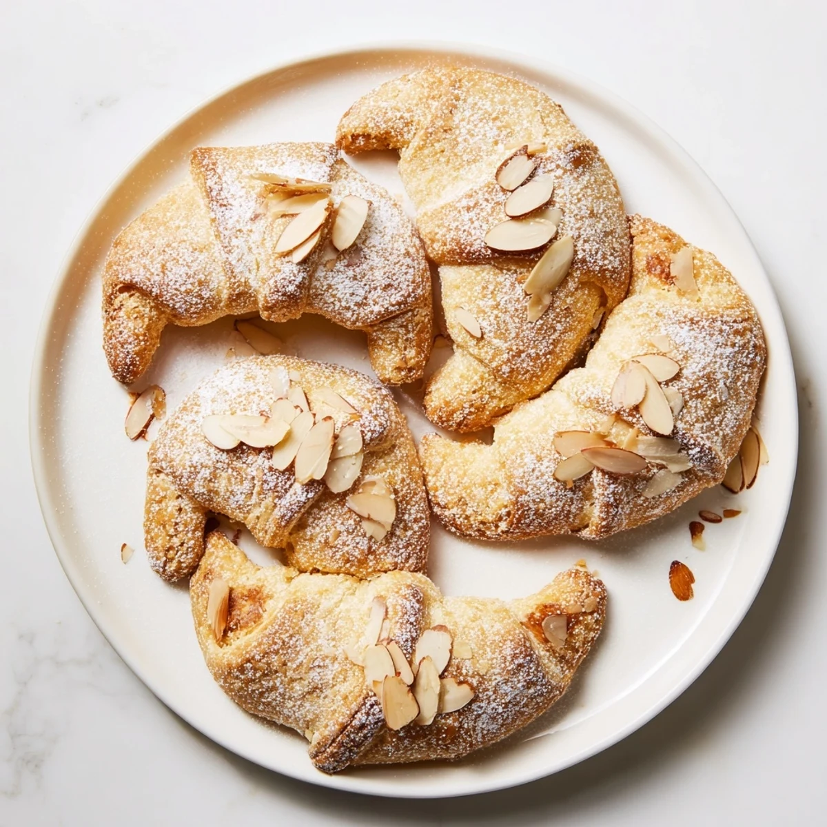 Freshly baked Almond Croissant Cookies with a tender almond filling and crisp edges, arranged on a white plate.