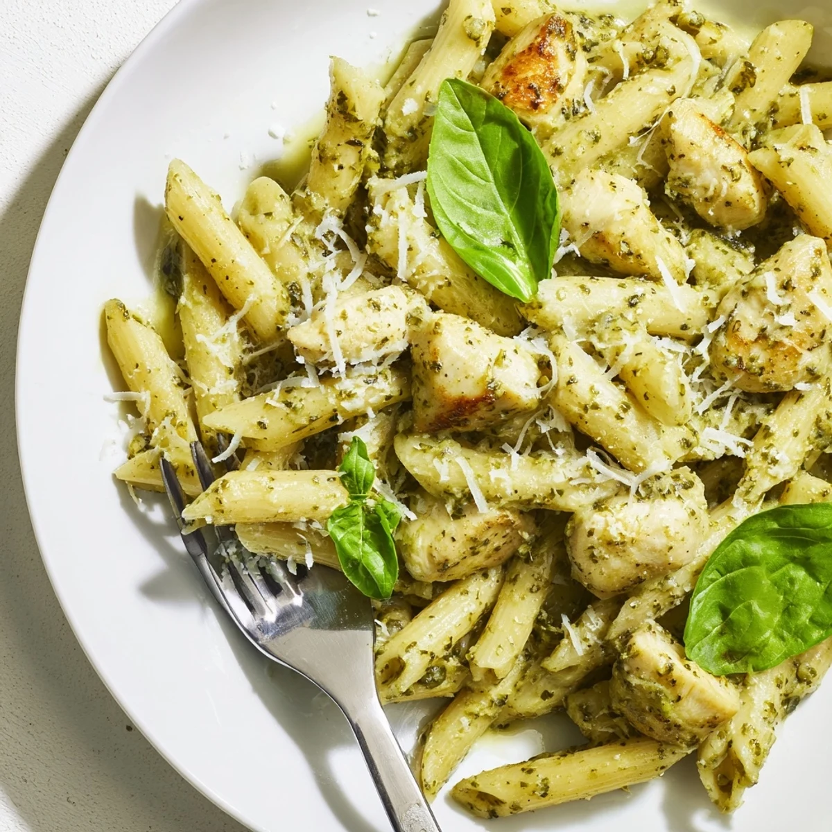 Spoon lifting a portion of Creamy Pesto Chicken Pasta, revealing tender chicken and al dente pasta coated in a rich, aromatic sauce.