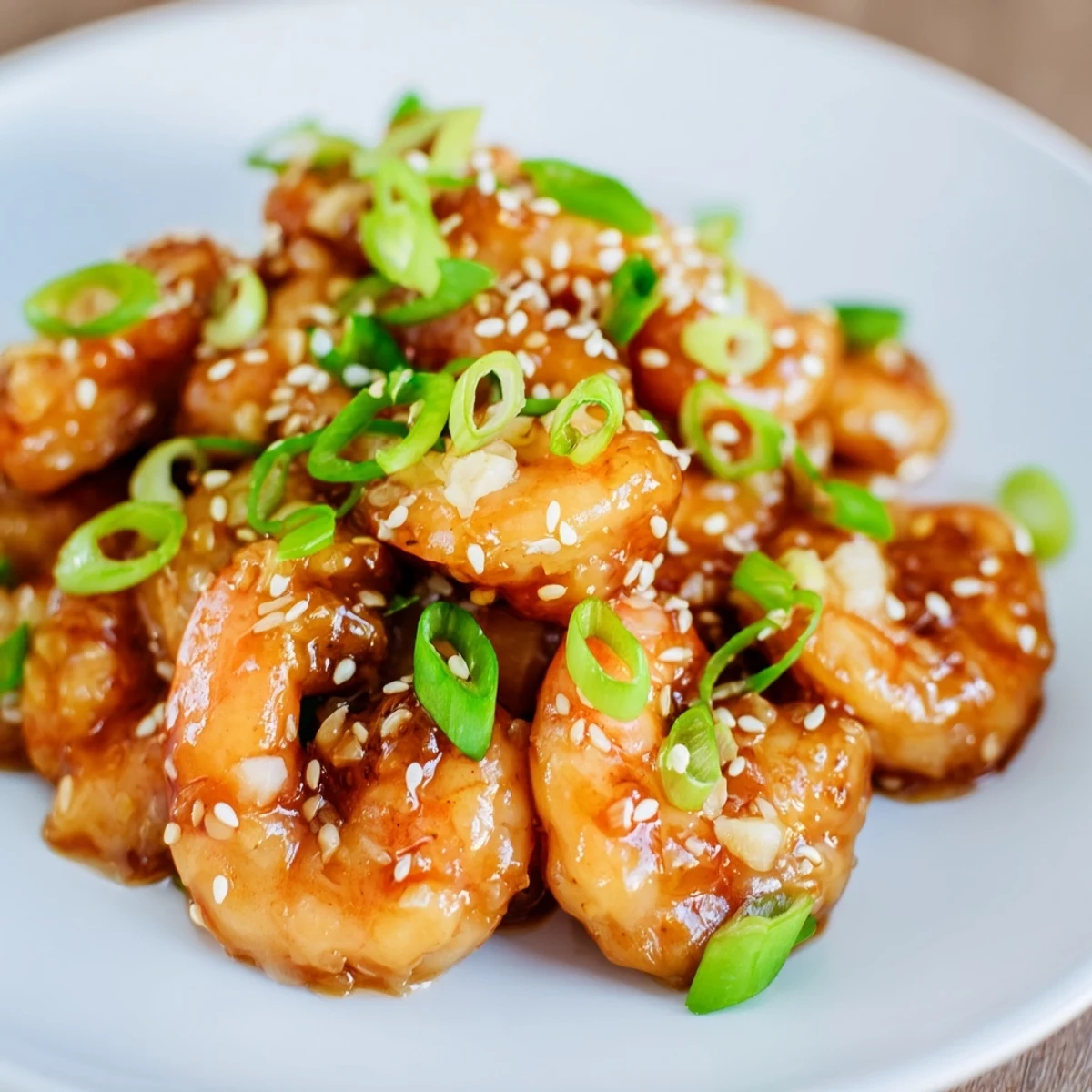 Juicy High Protein Honey Garlic Shrimp glistening in a sweet-savory glaze, served over fluffy white rice in a bowl.