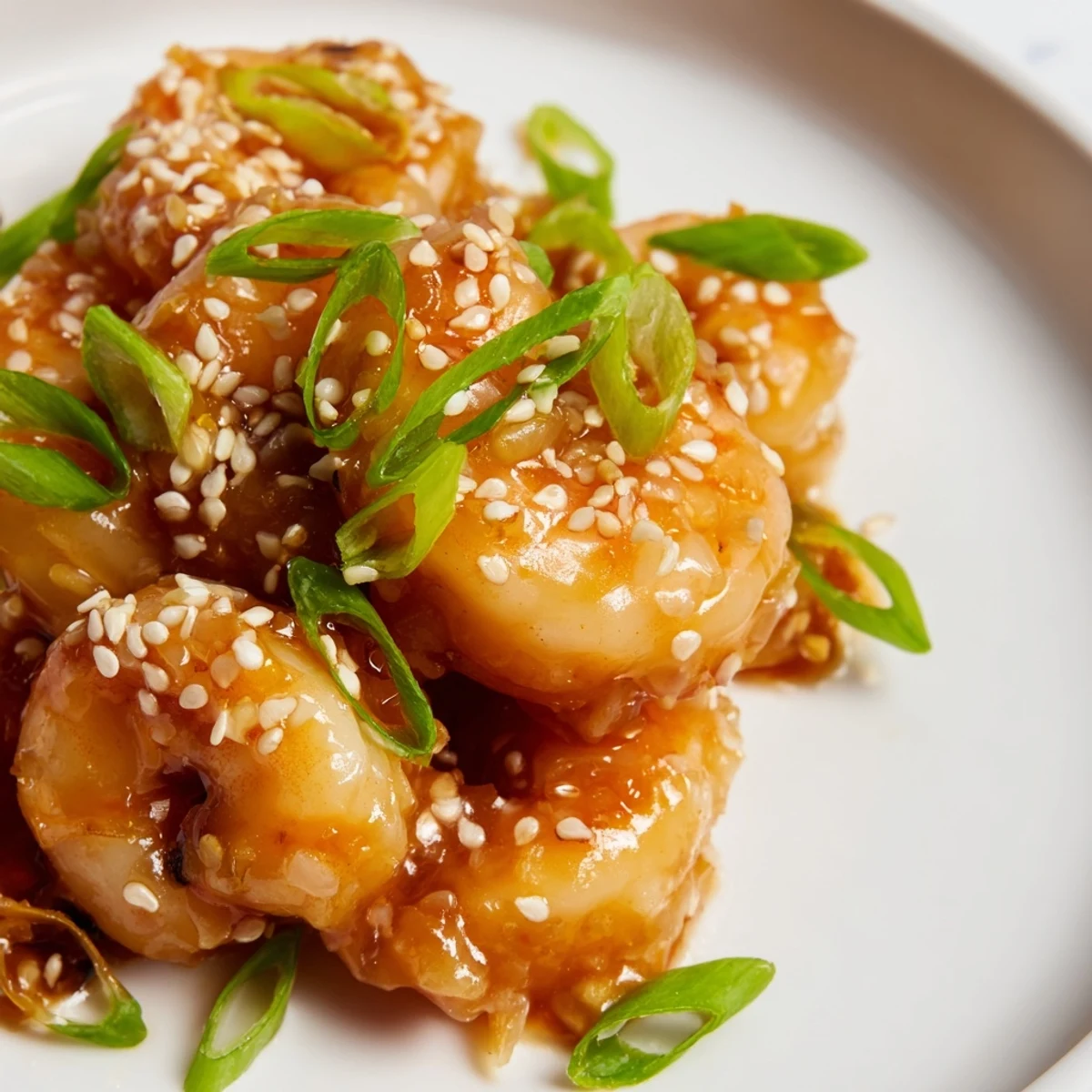 Tender High Protein Honey Garlic Shrimp piled high on a bed of steamed broccoli, garnished with green onions and sesame seeds.