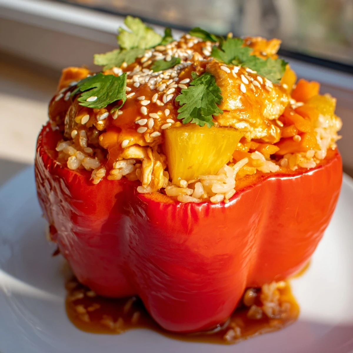 Close-up of baked teriyaki pineapple chicken and rice stuffed peppers with sesame seeds and fresh cilantro garnish.