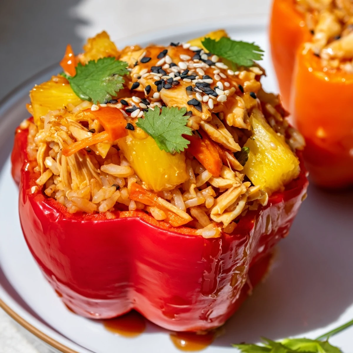 Vibrant red bell peppers stuffed with teriyaki pineapple chicken and rice, glazed and baked for a family-friendly dinner.