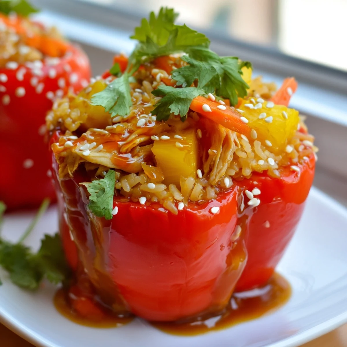 Golden stuffed peppers filled with fluffy rice, tender chicken, and pineapple chunks, served as a colorful fusion main dish.