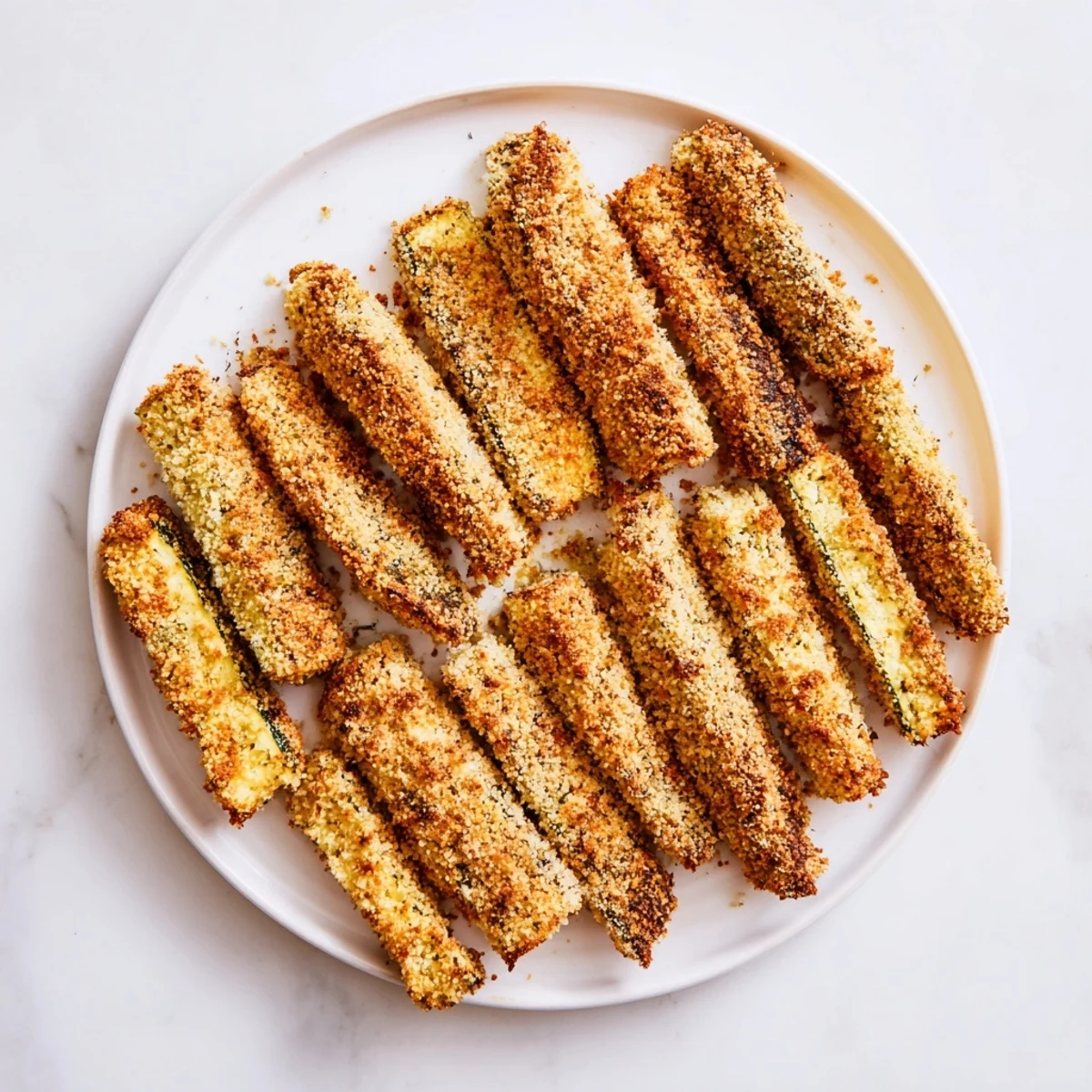 Golden-brown Keto Baked Parmesan Zucchini Fries on a plate with a side of creamy dip.