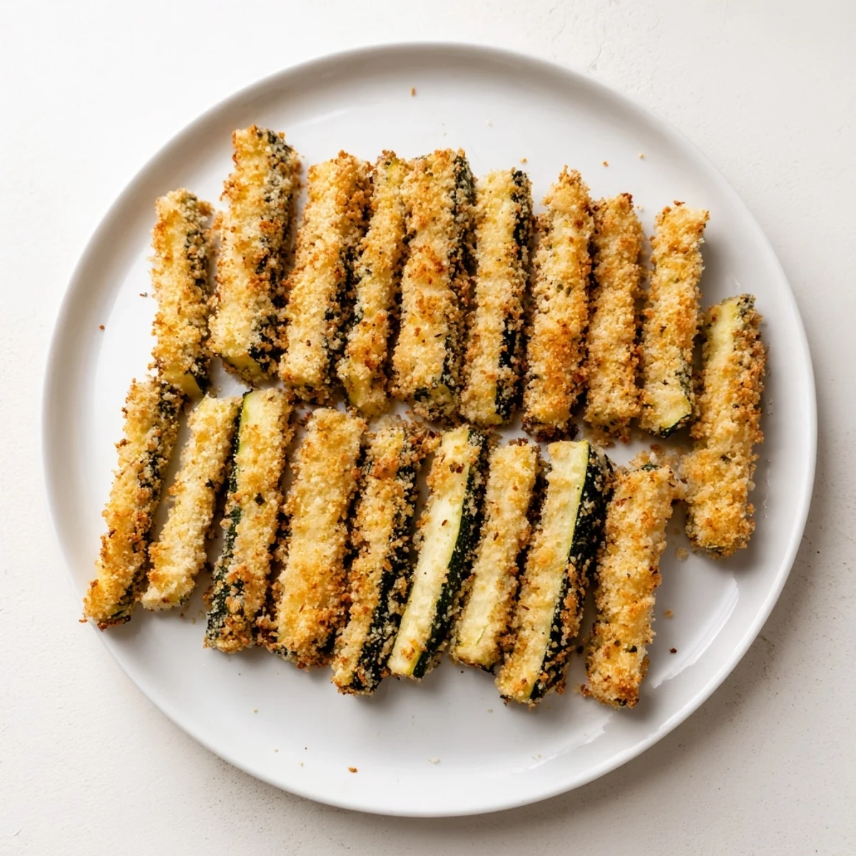 Crispy coating of Keto Baked Parmesan Zucchini Fries garnished with fresh herbs for serving.