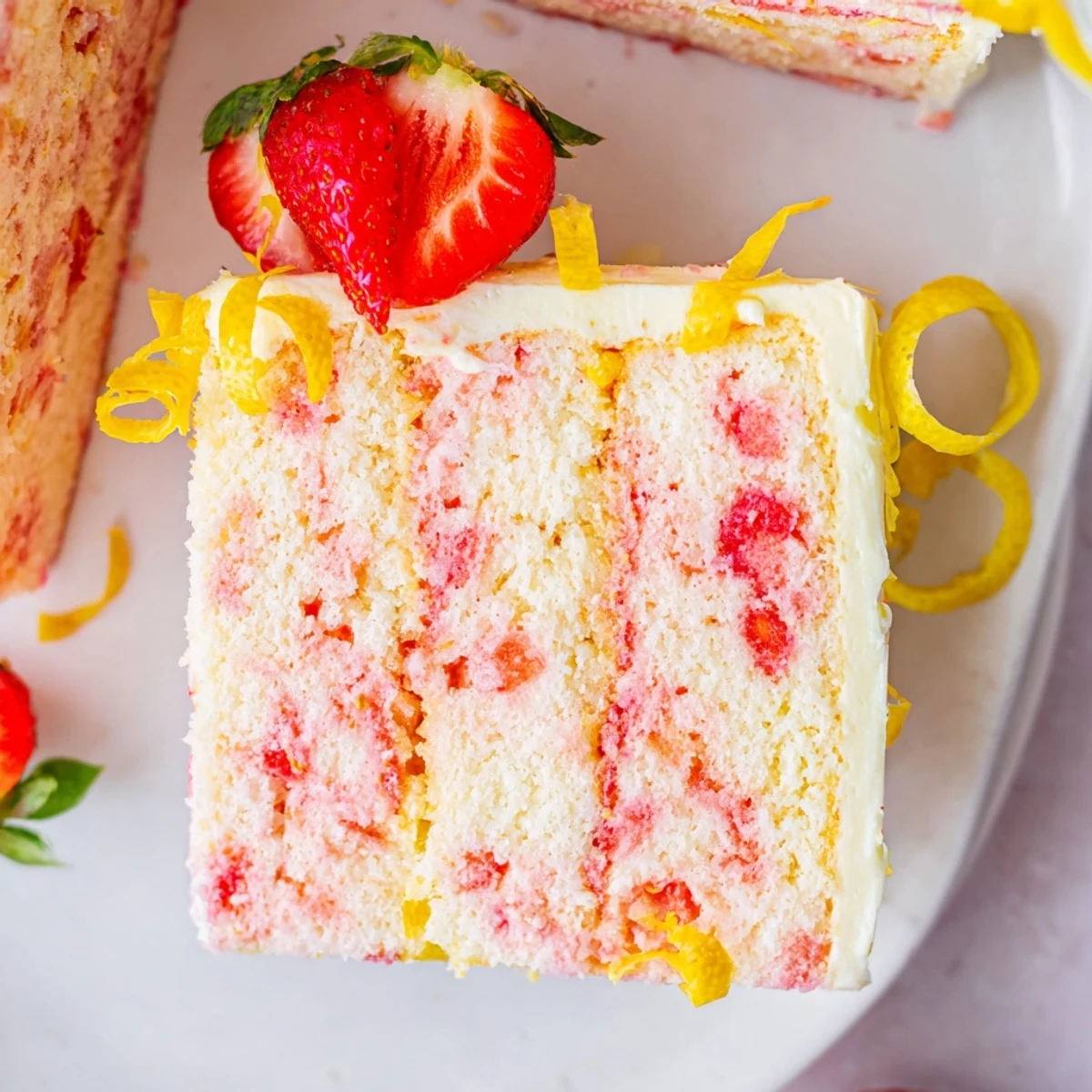 Freshly sliced Strawberry Lemonade Cake With Creamy Lemon Buttercream reveals fluffy pink layers and bright yellow frosting on a white plate.  