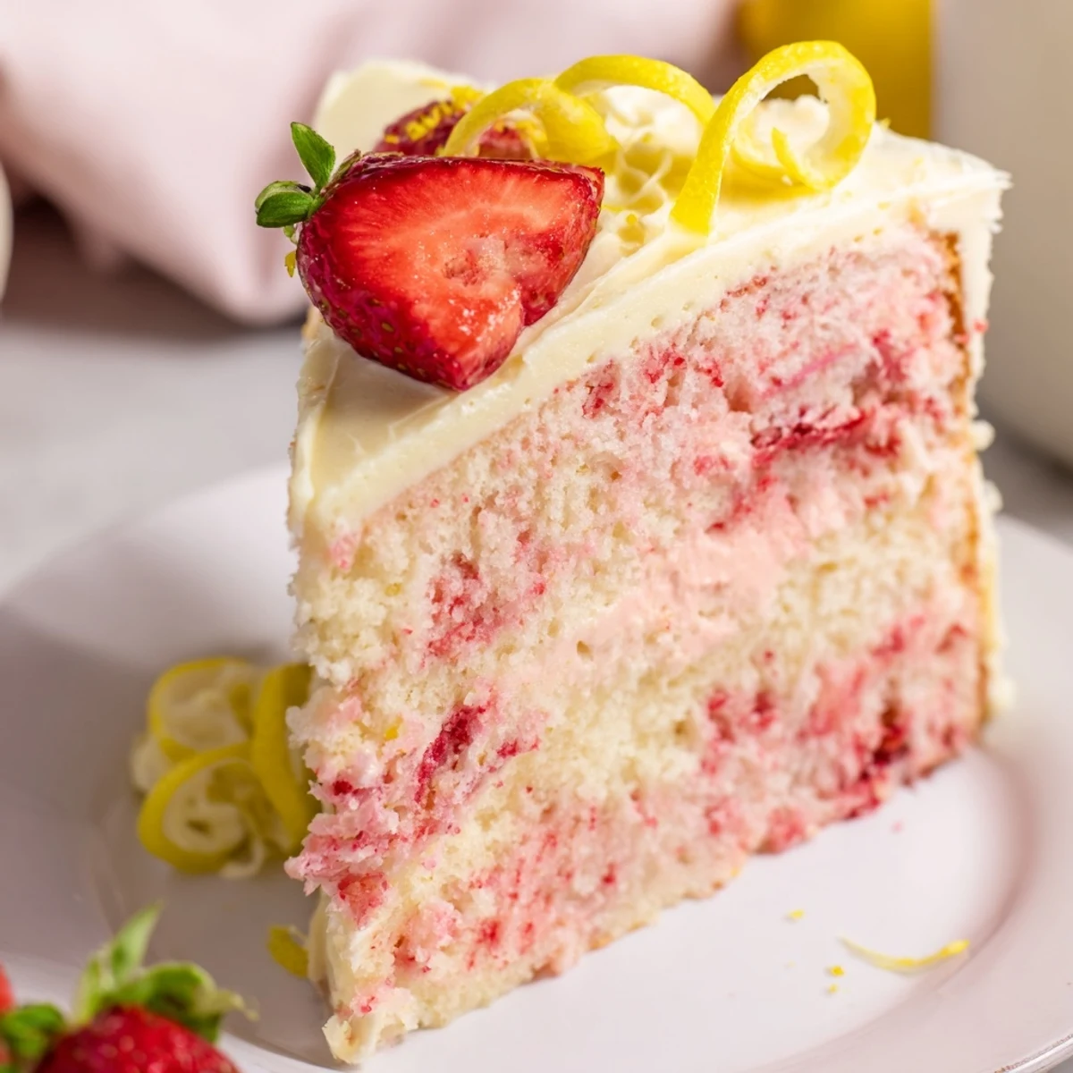 A close-up of Strawberry Lemonade Cake With Creamy Lemon Buttercream shows swirled buttercream frosting and halved strawberries on top of moist cake.