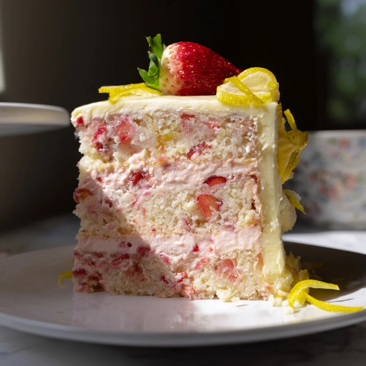 Golden-brown Strawberry Lemonade Cake With Creamy Lemon Buttercream layers are stacked high, generously frosted with tangy lemon buttercream and fresh strawberry garnish.  