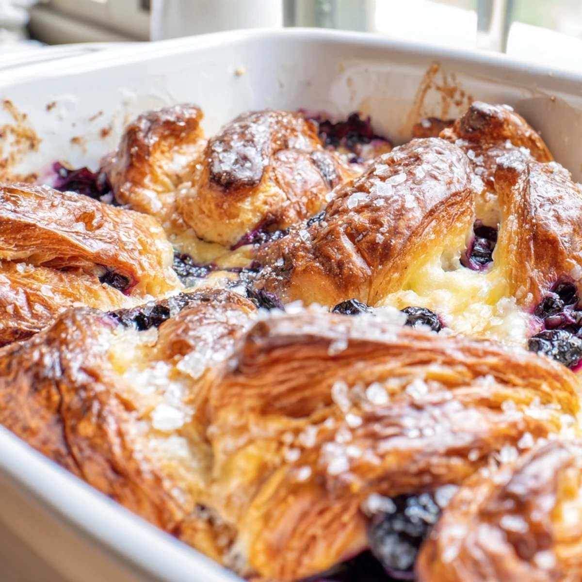 Freshly baked Blueberry Cream Cheese Croissant Casserole with golden, buttery edges and plump blueberries.