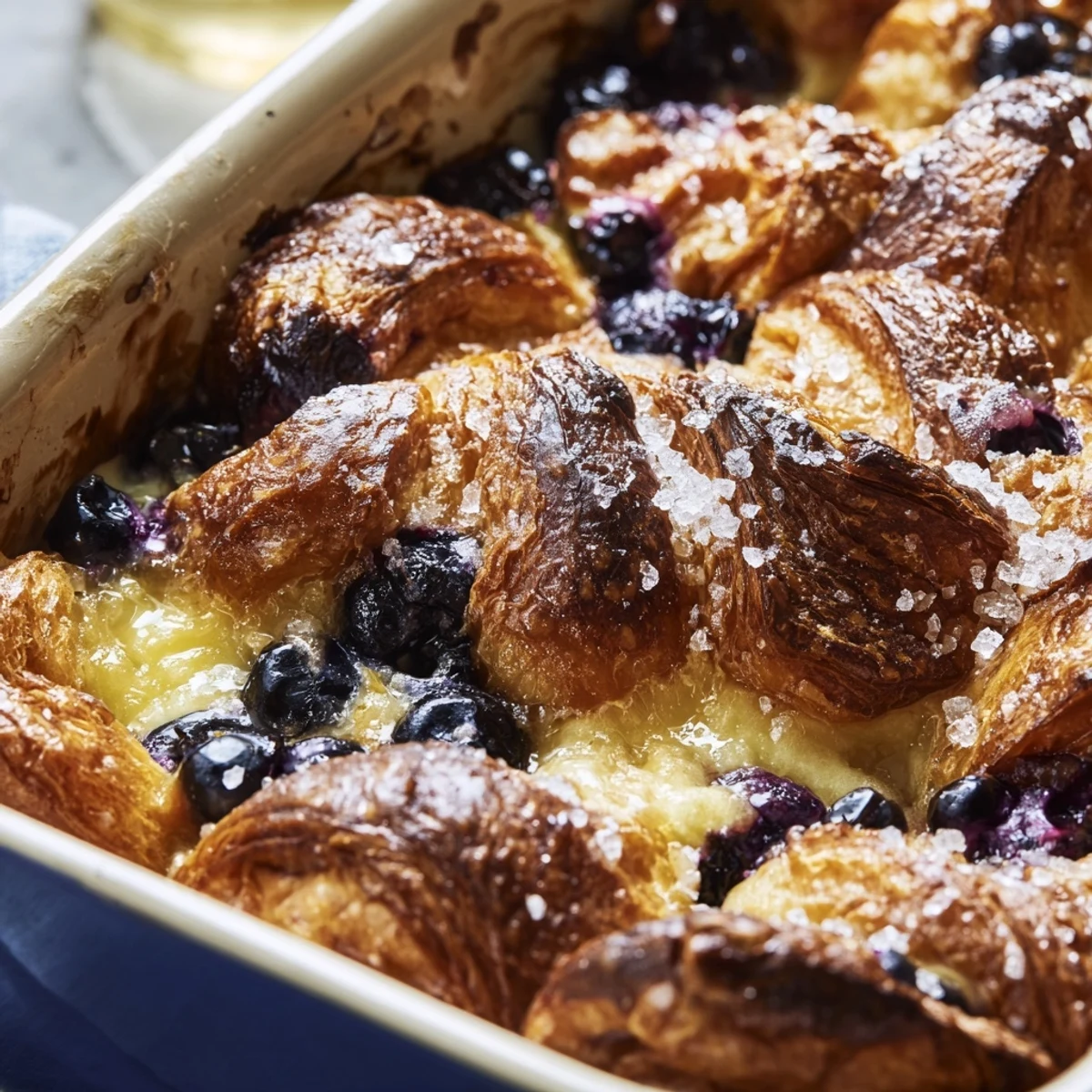 Warm Blueberry Cream Cheese Croissant Casserole served with a dusting of powdered sugar for brunch.