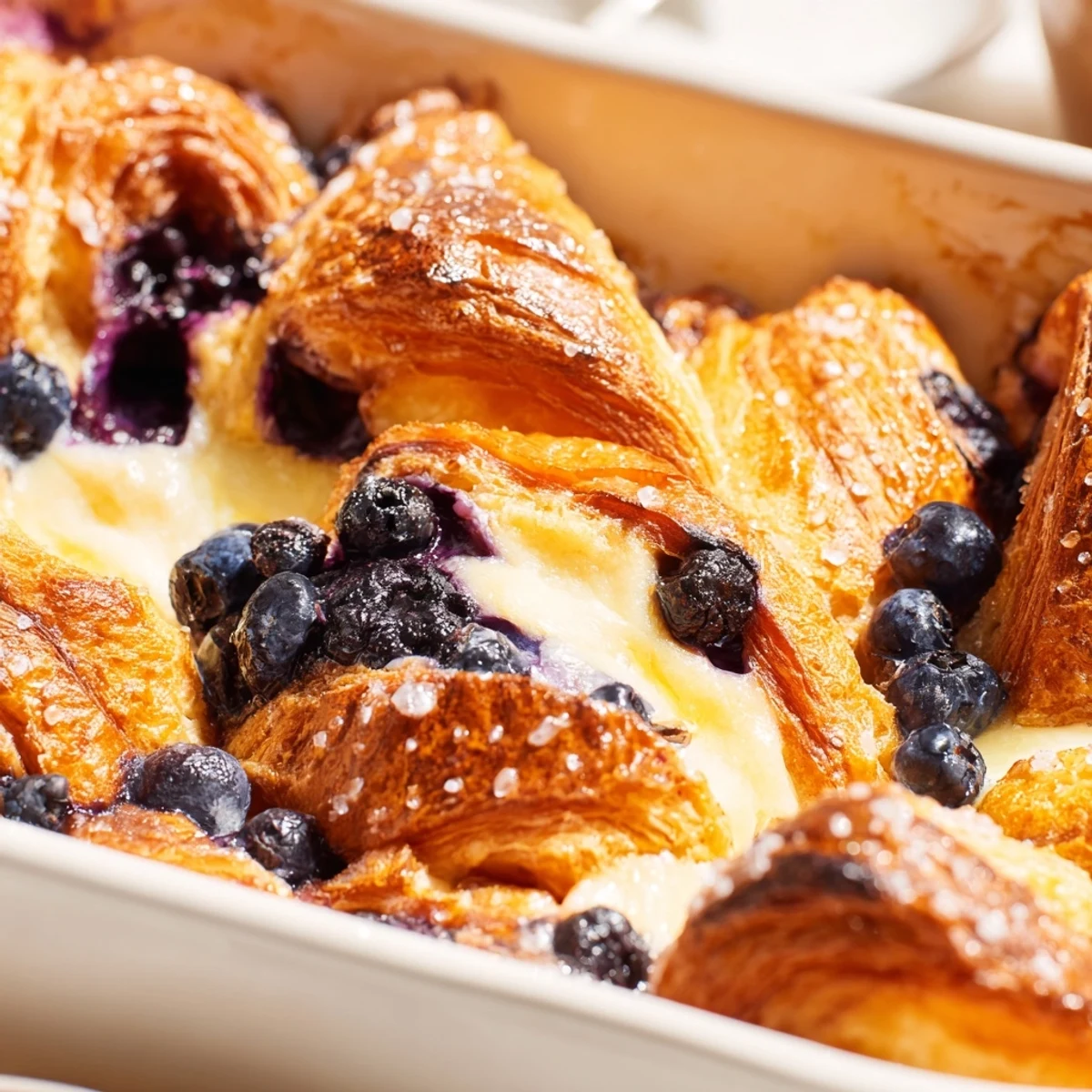 This rich Blueberry Cream Cheese Croissant Casserole reveals creamy swirls and juicy berries inside.