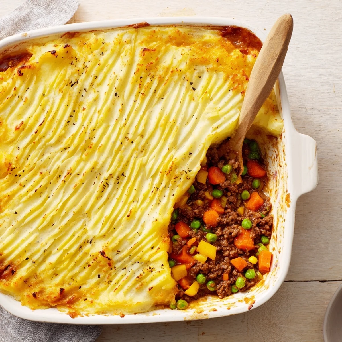 A comforting scoop of Easy Shepherds Pie reveals rich ground beef and vegetable filling under fluffy potatoes.  