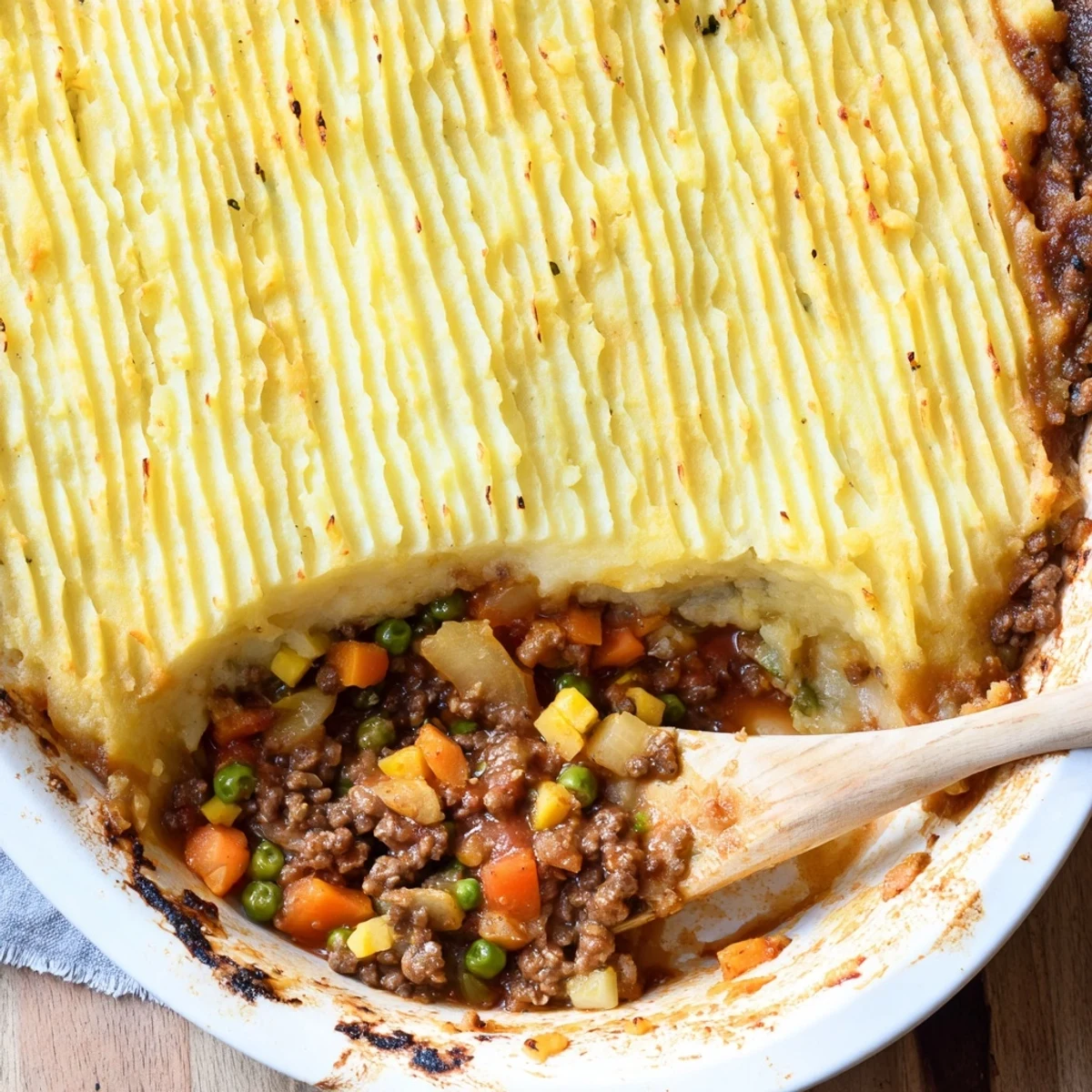 Served warm Easy Shepherds Pie garnished with fresh thyme beside a rustic spoon on a wooden table.