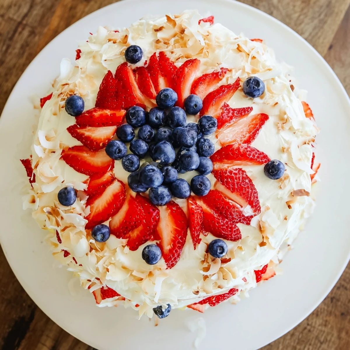 Fluffy layers of Pineapple Coconut God Bless America Cake topped with swirls of cream cheese frosting and fresh red white and blue berries.
