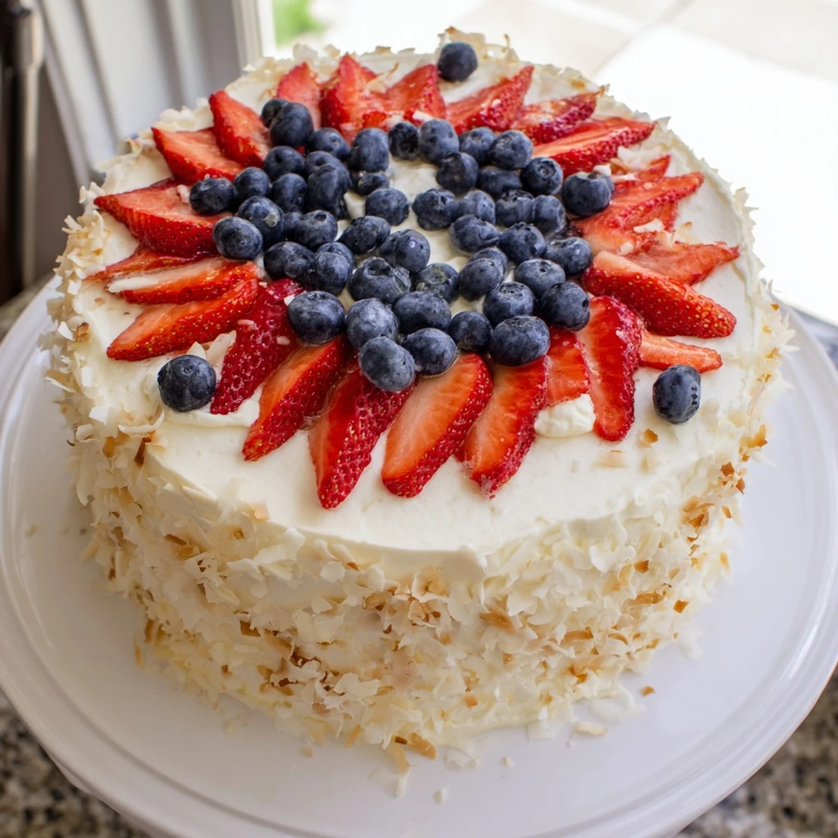 Tall Pineapple Coconut God Bless America Cake with sliced strawberries and blueberries arranged in a festive pattern on creamy cream cheese frosting.