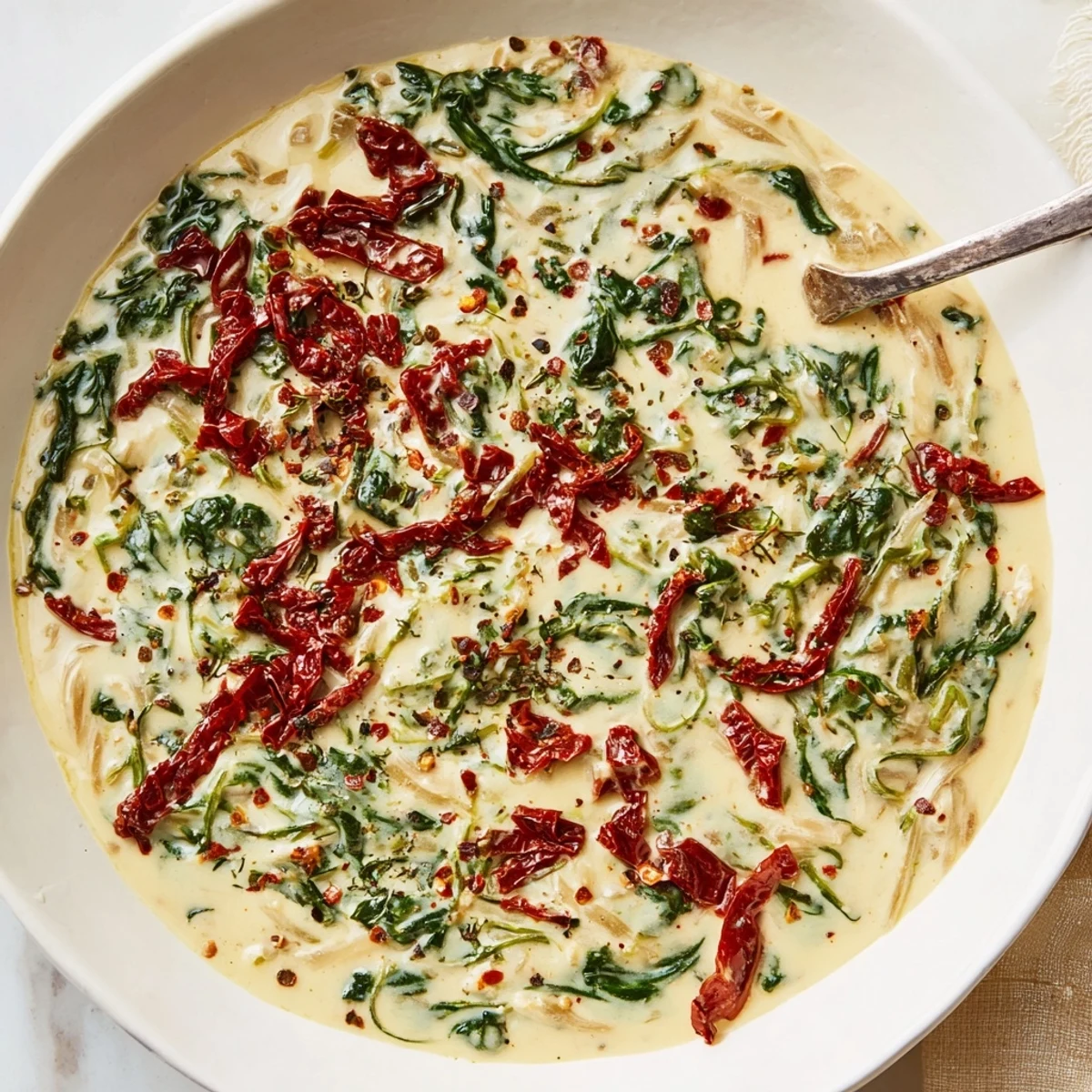 Creamy Tuscan Garlic Sauce swirls in a white bowl, garnished with fresh spinach and sun-dried tomatoes.
