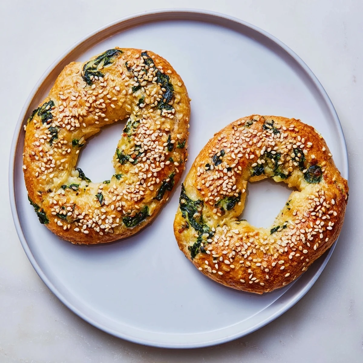 Golden-baked Spinach Cottage Cheese Flagels rest on a cooling rack, showing a chewy interior flecked with green spinach.