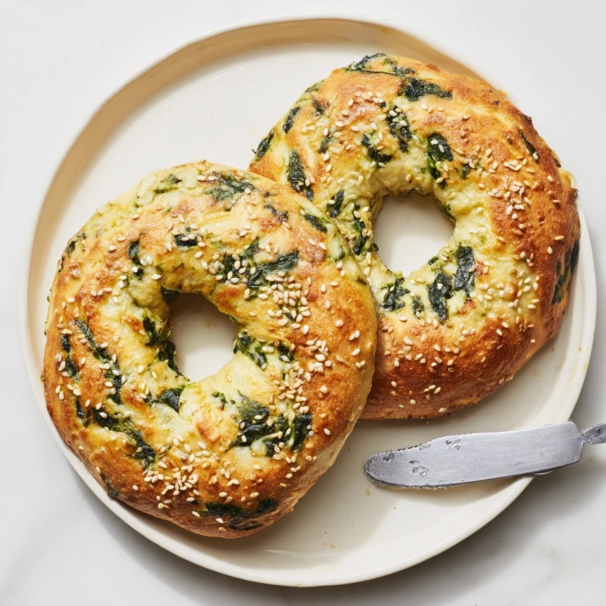 Freshly baked Spinach Cottage Cheese Flagels are arranged on a white plate, topped with sesame seeds and herbs.