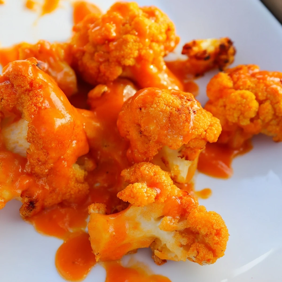 Air Fryer Buffalo Cauliflower bites glistening with spicy buffalo glaze, ready to serve as a vegetarian game day snack.