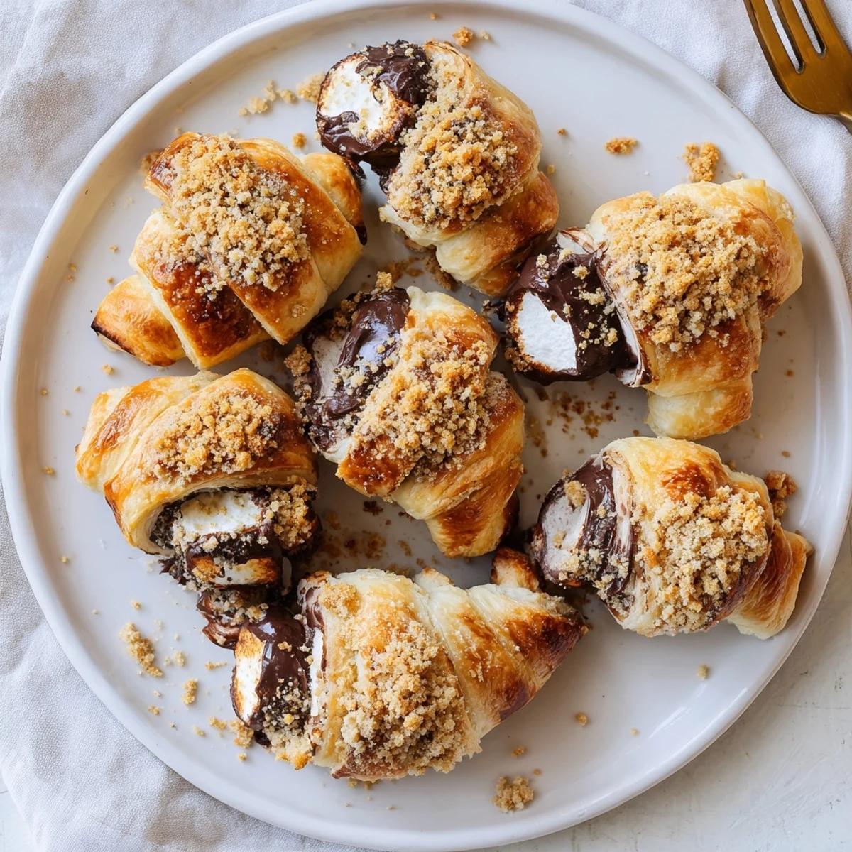 Golden-brown Smores Crescent Rolls are arranged on a plate with graham cracker crumbs scattered on top, ready to be served warm.