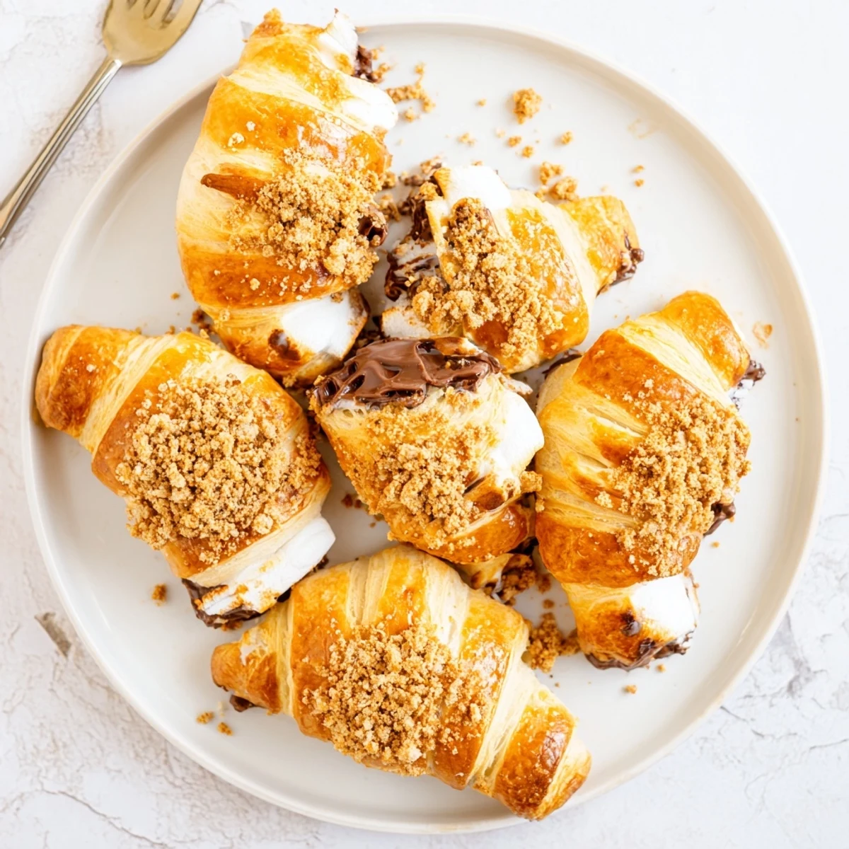 A rustic wooden board displays freshly baked Smores Crescent Rolls, the gooey filling bubbling slightly after coming out of the oven.