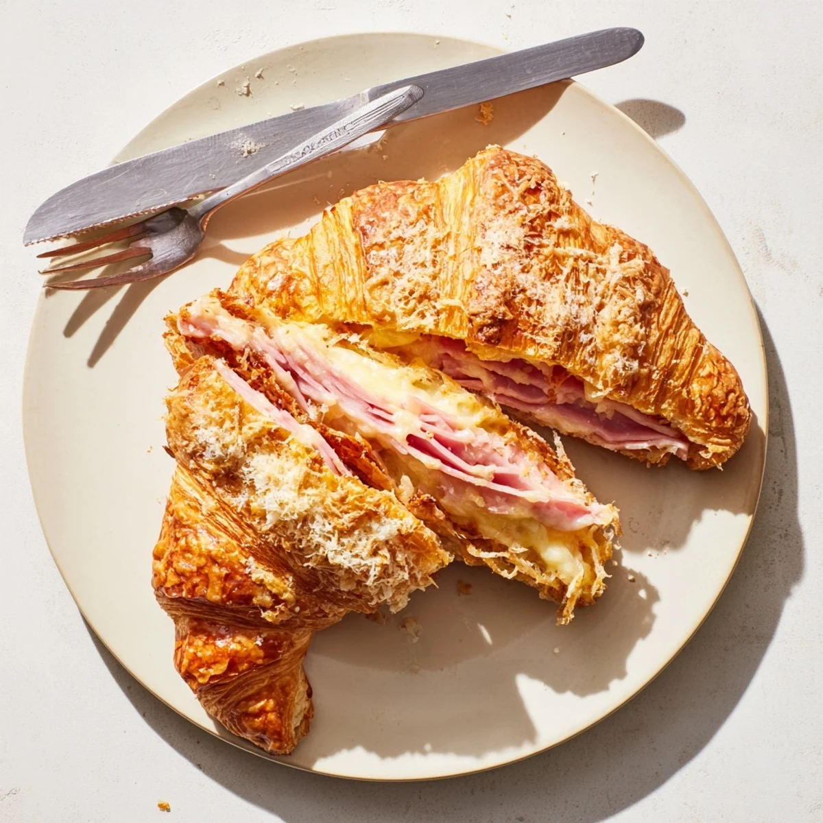 Freshly baked Stuffed Croissants with a golden egg wash and a side of green salad.
