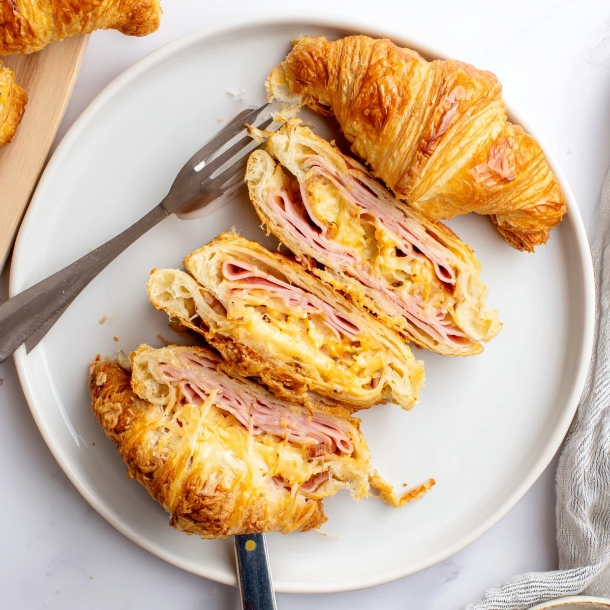 Golden, flaky Stuffed Croissants filled with melted Swiss cheese and savory ham on a rustic table.