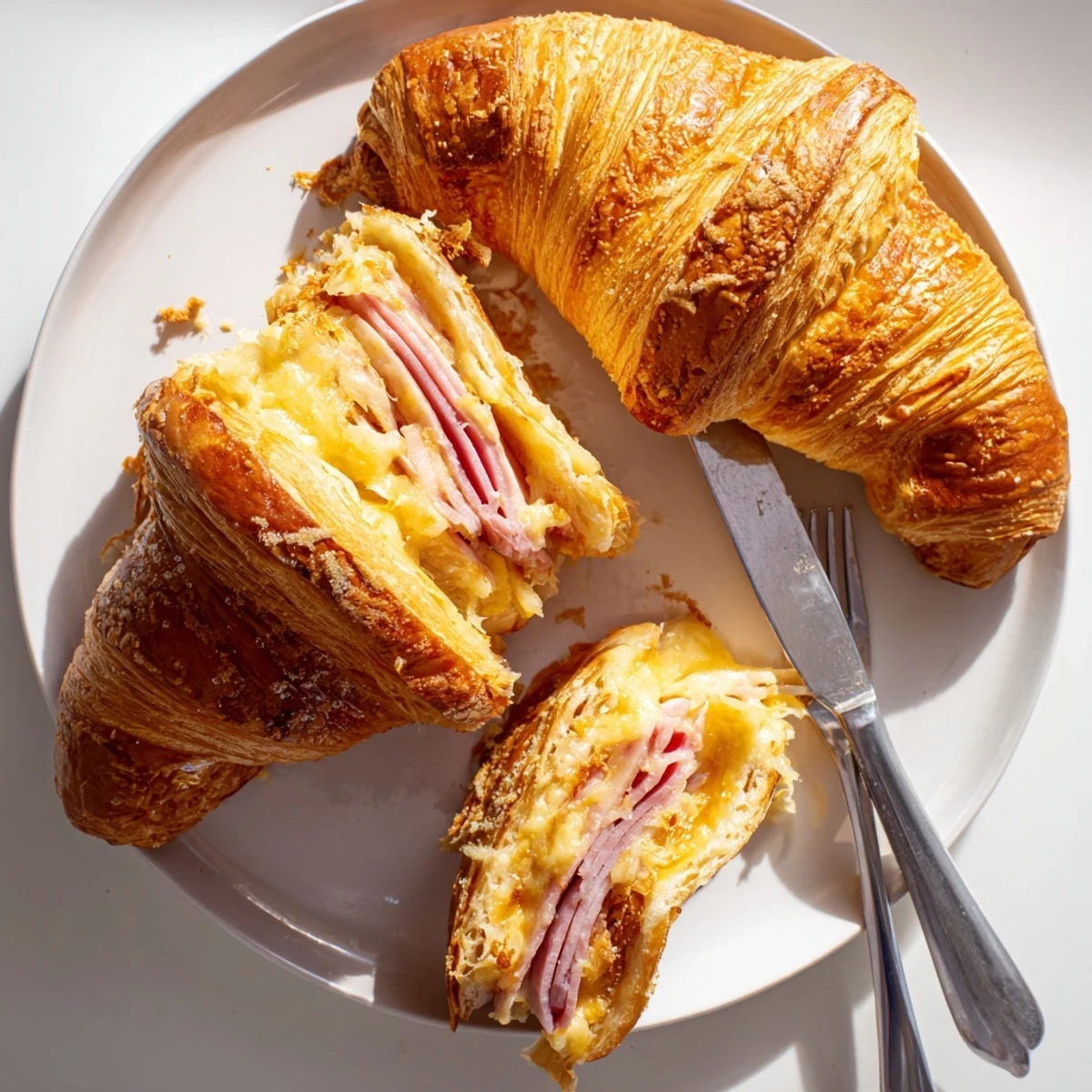 A close-up of Stuffed Croissants revealing layers of ham, Swiss cheese, and creamy Dijon sauce.