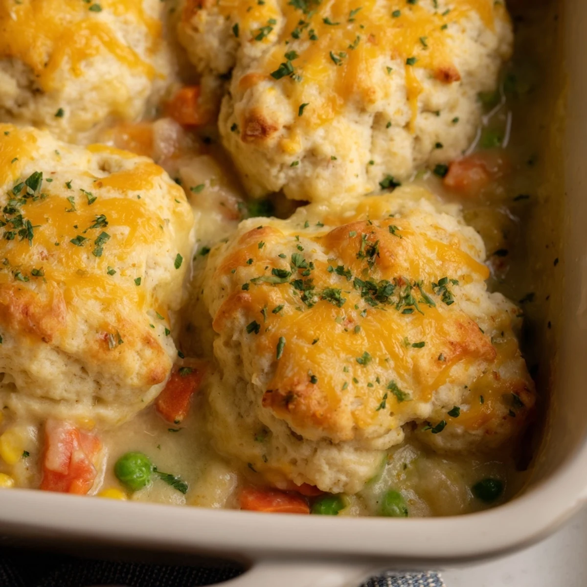 A close-up of Red Lobster Biscuit Chicken Pot Pie bubbling in a dish, golden biscuits resting on creamy filling.  
