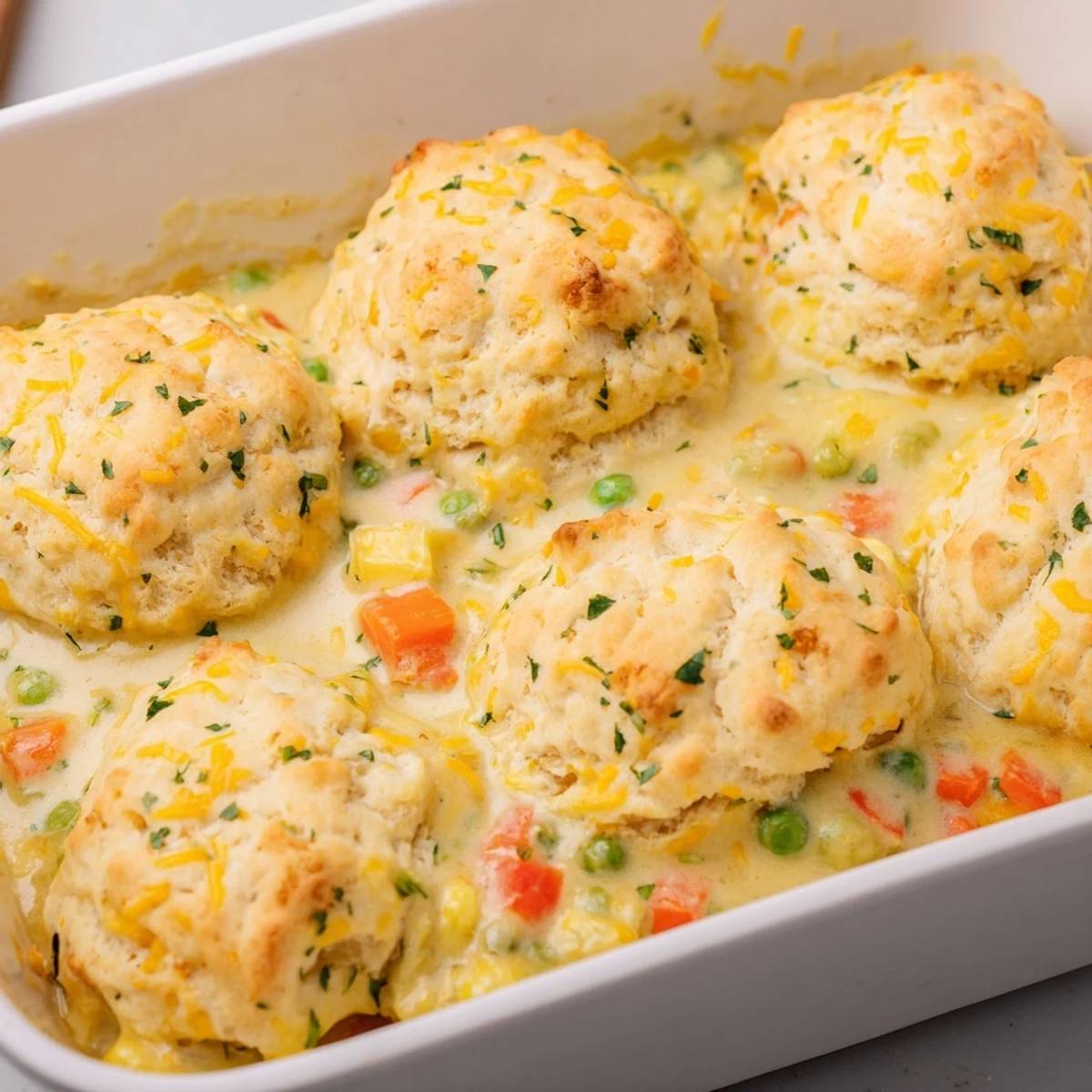 Red Lobster Biscuit Chicken Pot Pie fresh from the oven with melted butter brushed on cheesy biscuit topping.