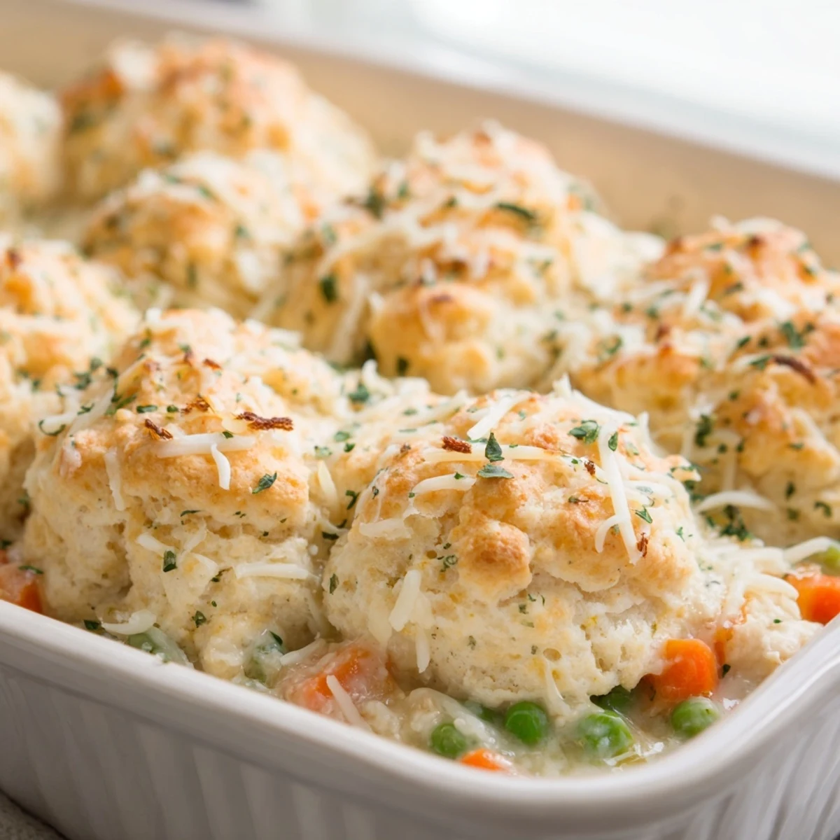 A serving of Red Lobster Biscuit Chicken Pot Pie on a plate with a fresh green salad and wine.  