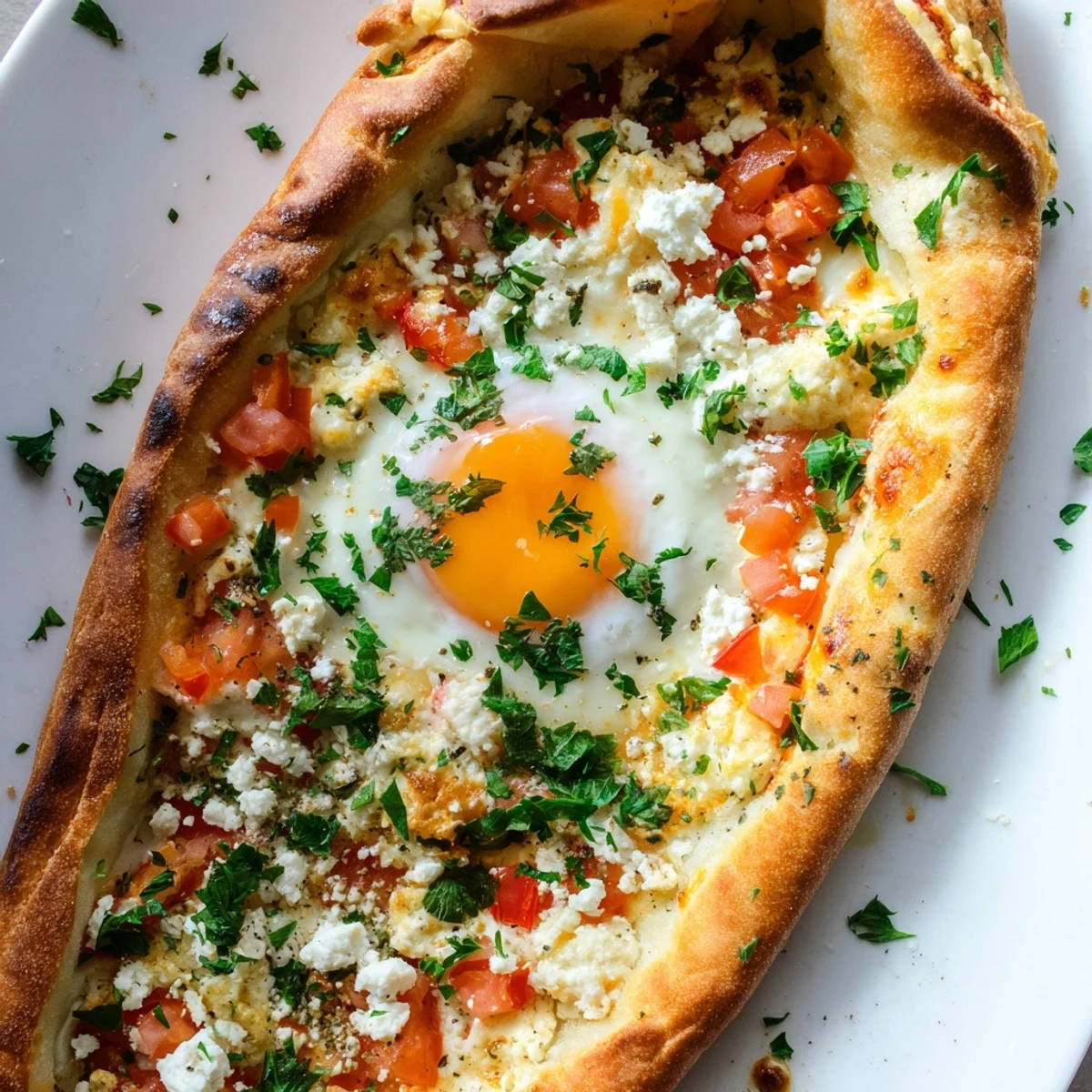 Sliced pieces of Turkish Pide with Egg, Tomato, and Cheese show the melted mozzarella and juicy tomato interior.