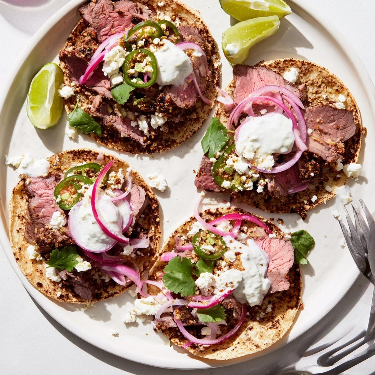 Golden-brown cumin crusted leg of lamb tacos rest on a wooden board, topped with fresh cilantro and crumbled queso fresco.