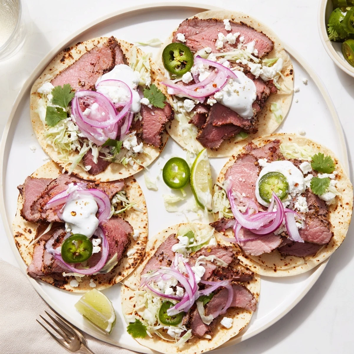 Sliced cumin crusted leg of lamb tacos are served with lime wedges and a creamy yogurt sauce drizzle.