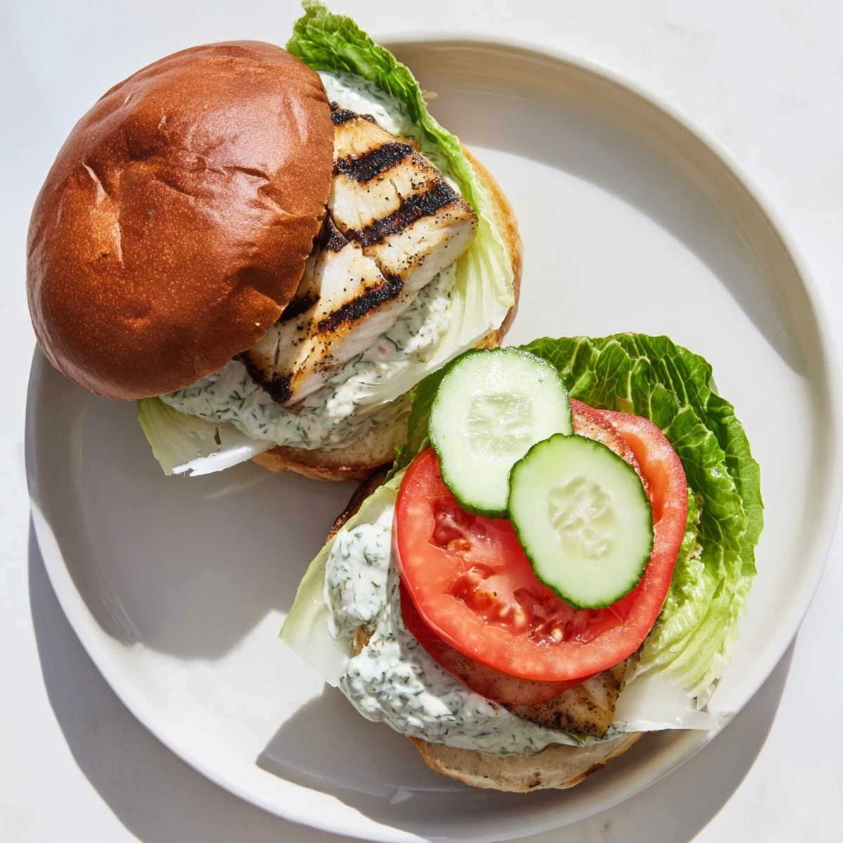 Fresh BBQ Barramundi Burger with charred greens and a zesty, creamy tartare for a spicy kick.