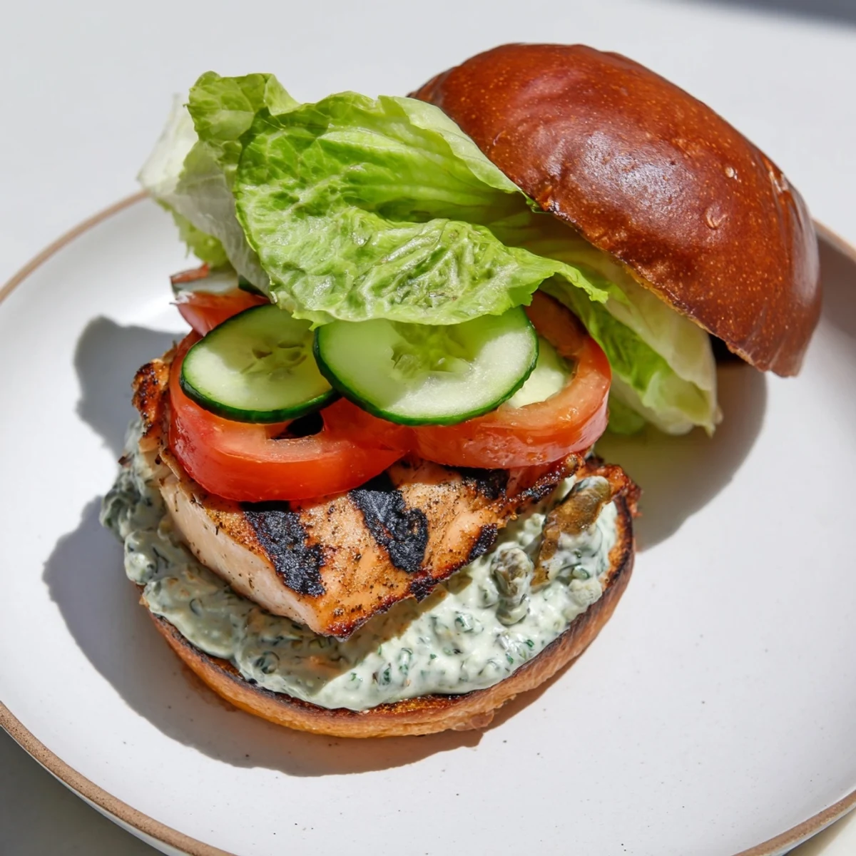 Serving a vibrant Australian fusion BBQ Barramundi Burger topped with grilled cos and lemon jalapeño tartare.