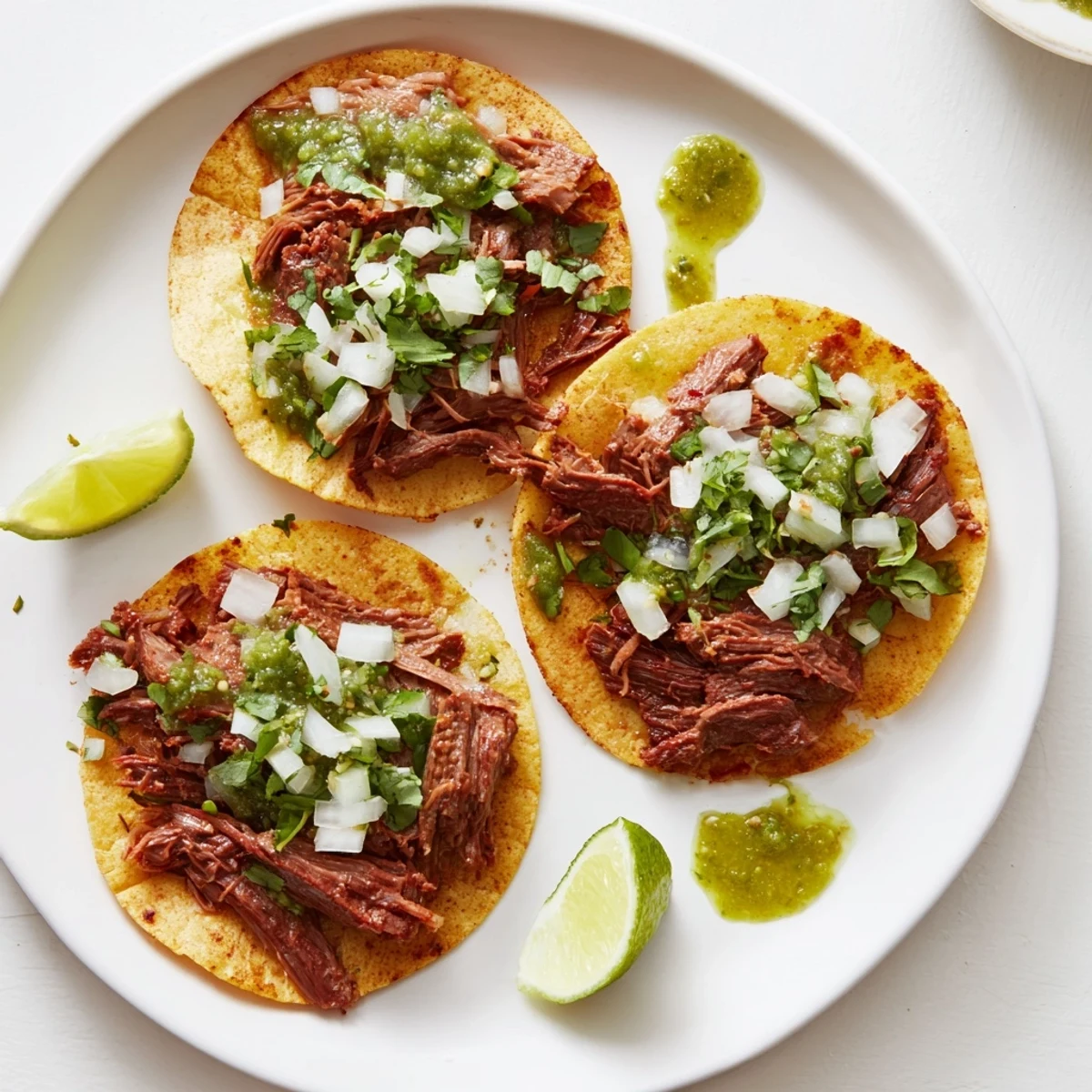 Warm corn tortillas filled with tender, slow-braised Beef Cheeks, topped with fresh cilantro, diced onion, and salsa verde.