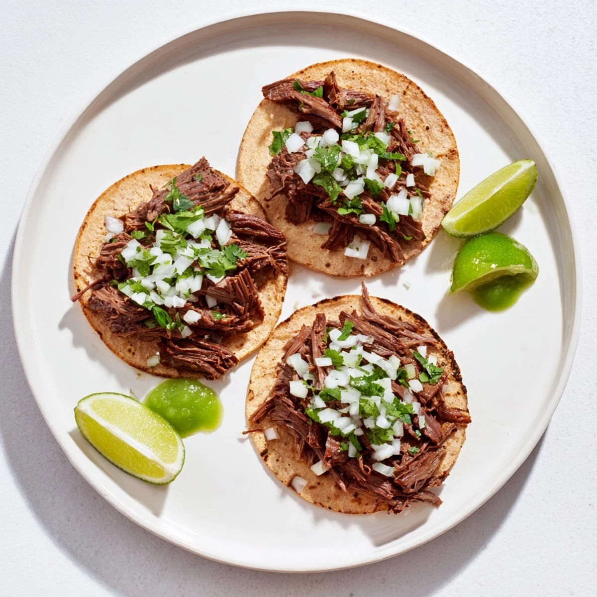 Hearty Beef Cheeks tacos served on wooden board with shredded beef, zesty salsa, and vibrant fresh toppings.