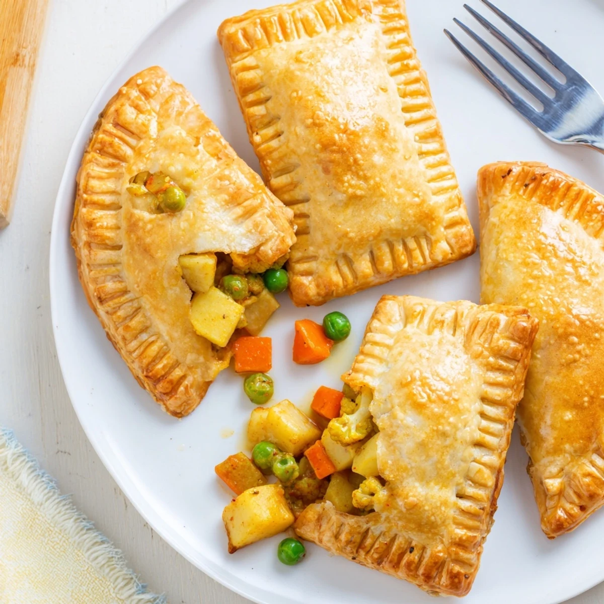 A close-up of golden, flaky Tikka Masala Vegetarian Pies fresh from the oven on a rustic wooden board.