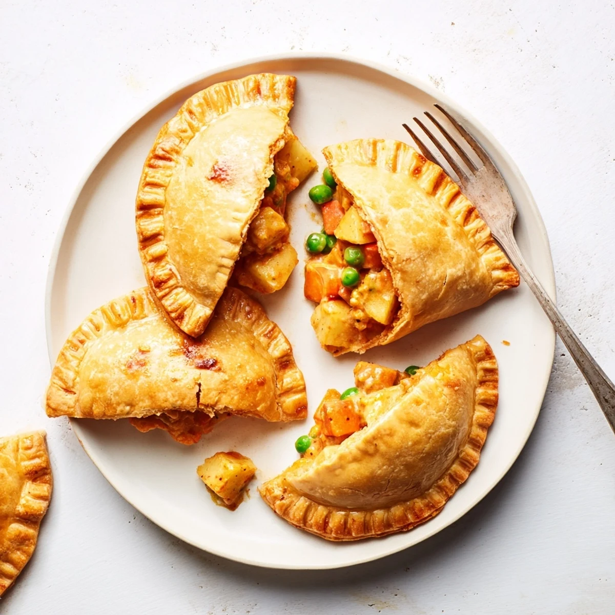 A hand holding a warm, savory pie, steam rising from the spiced vegetarian filling in a flaky crust.