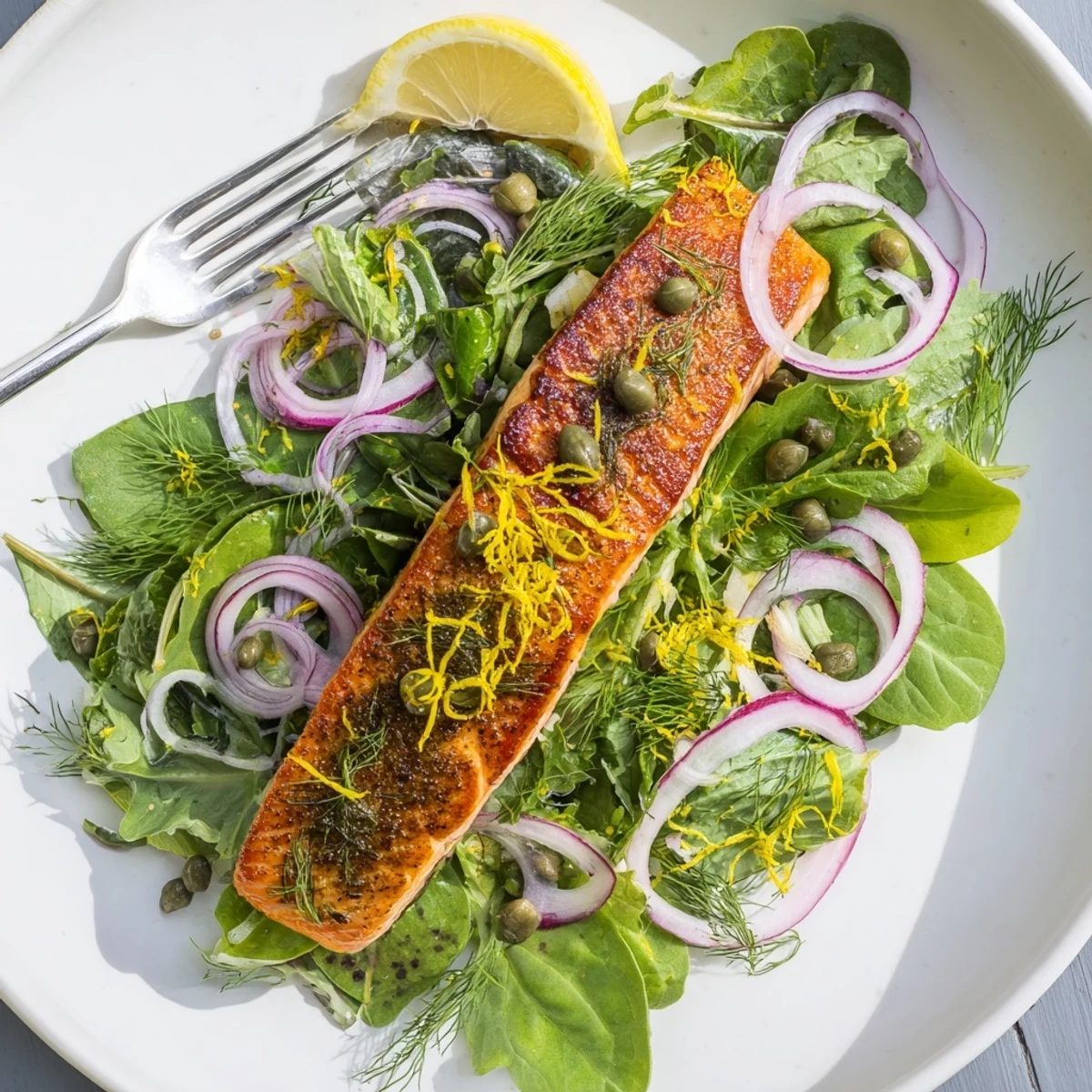 Golden, crispy skin on Tasmanian Atlantic salmon fillets served atop a zesty lemon herb salad with red onion.