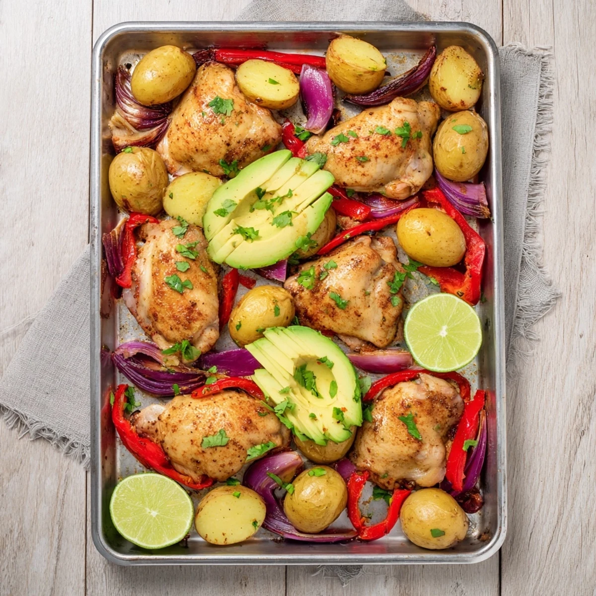 A close-up photo of the Chicken Avocado and Crunchy Potato Tray Bake showing golden potatoes and juicy thighs topped with fresh avocado slices and parsley.