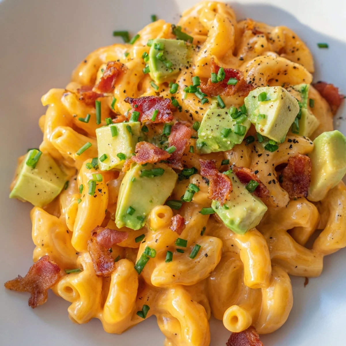 Warm, creamy avocado and bacon mac and cheese in a white bowl topped with crispy bacon bits and fresh chives.