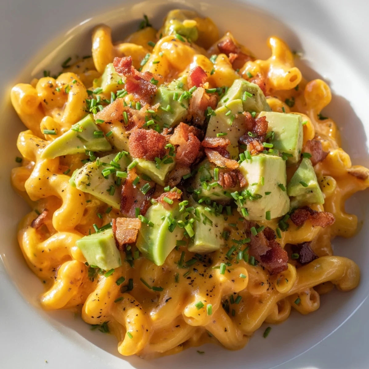 A close-up view of rich avocado and bacon mac and cheese, showcasing its velvety texture and golden melted cheese sauce.