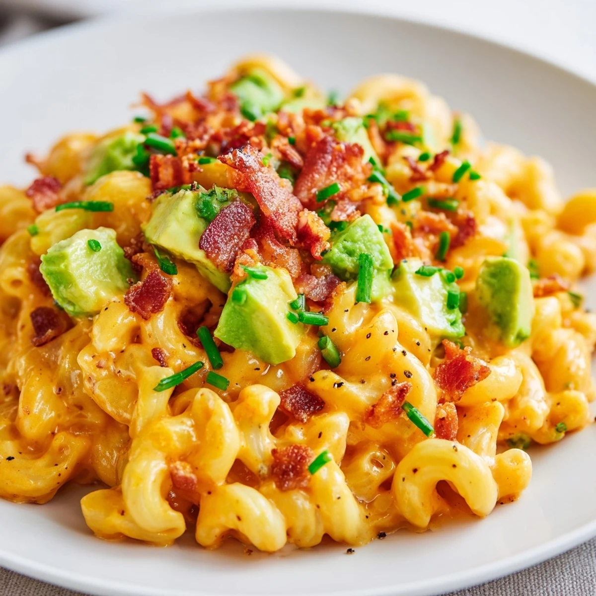 Savory avocado and bacon mac and cheese served in a skillet, garnished with diced avocado and a sprinkle of green chives.